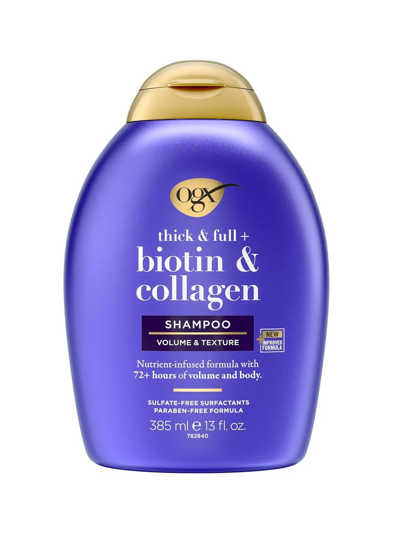 OGX Thick & Full + Biotin & Collagen Volumizing Shampoo, Nutrient-Infused Hair Shampoo with Vitamin B7 Biotin Gives Hair Volume & Body for 72+ Hours, Sulfate-Free Surfactants, 13 fl. Oz