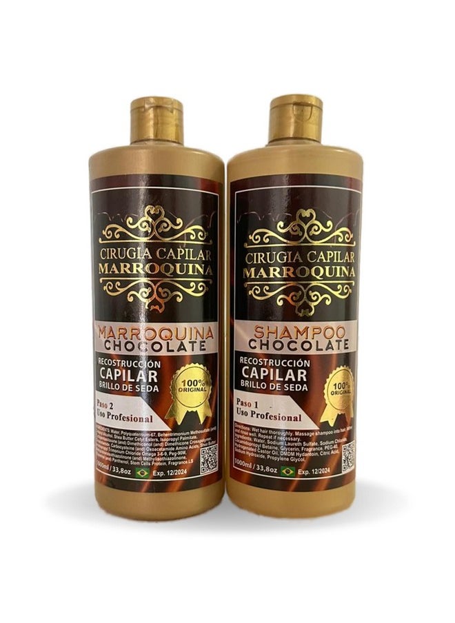 Ciruga Capilar Marroquina Chocolate 33.8 Oz, Shampoo Chocolate 33.8 Oz - Kit 2 Pasos For Professional Use, Deep Hydration, Control Of Waves, Anti-Frizz, Anti-Opacidity, Extreme Shine