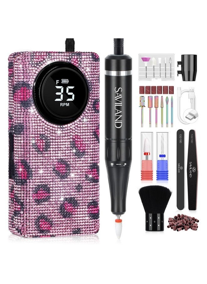 Professional Nail Drill For Nails Tech: Charming Pink Leopard Print 35000Rpm Electric Acrylic Nail Drill Kit With 13 Drill Bits Rechargeable E-File Machine Expert Manicure Pedicure Salon Use