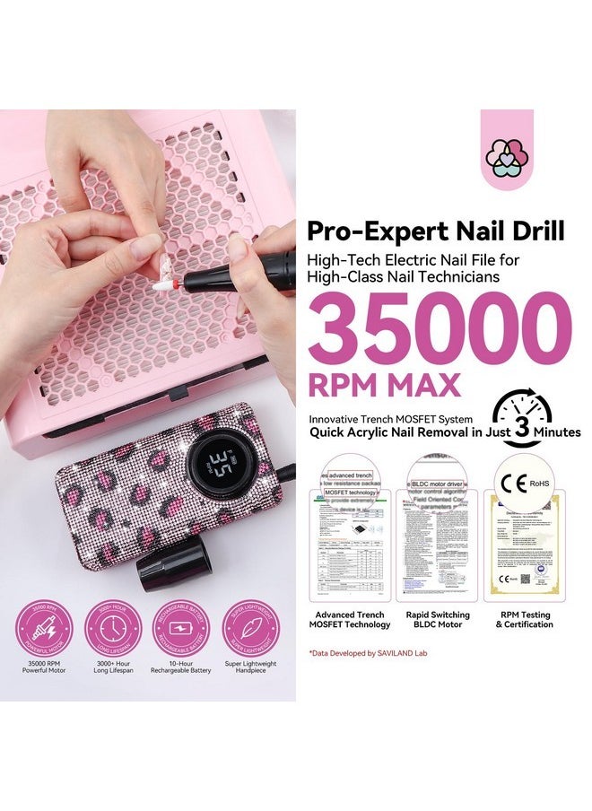 Professional Nail Drill For Nails Tech: Charming Pink Leopard Print 35000Rpm Electric Acrylic Nail Drill Kit With 13 Drill Bits Rechargeable E-File Machine Expert Manicure Pedicure Salon Use