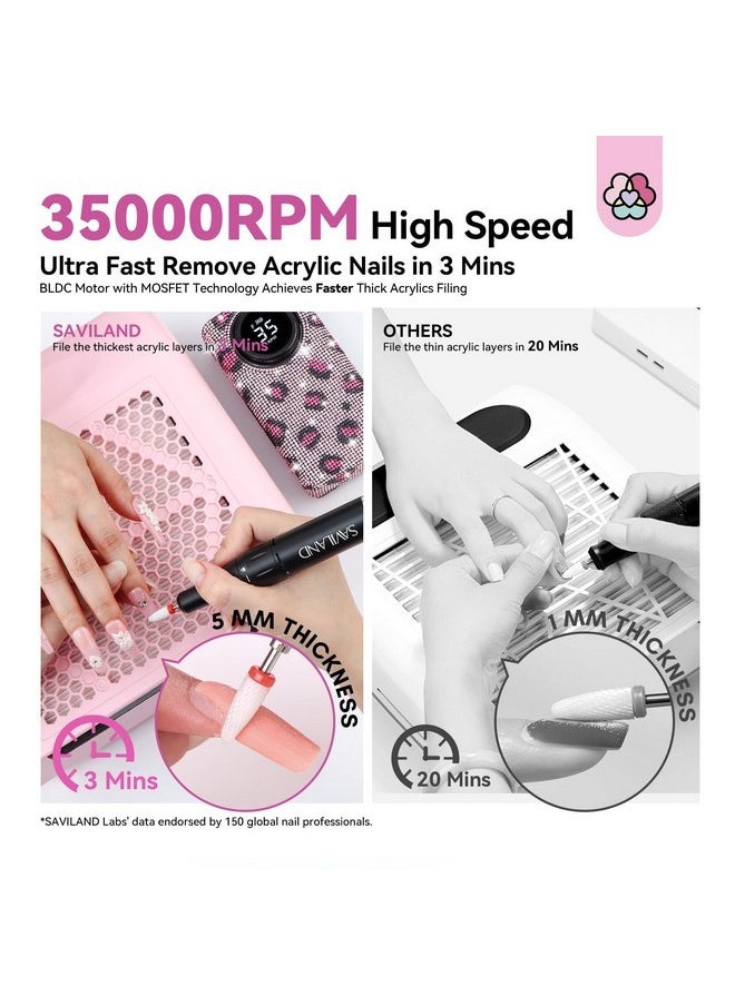 Professional Nail Drill For Nails Tech: Charming Pink Leopard Print 35000Rpm Electric Acrylic Nail Drill Kit With 13 Drill Bits Rechargeable E-File Machine Expert Manicure Pedicure Salon Use