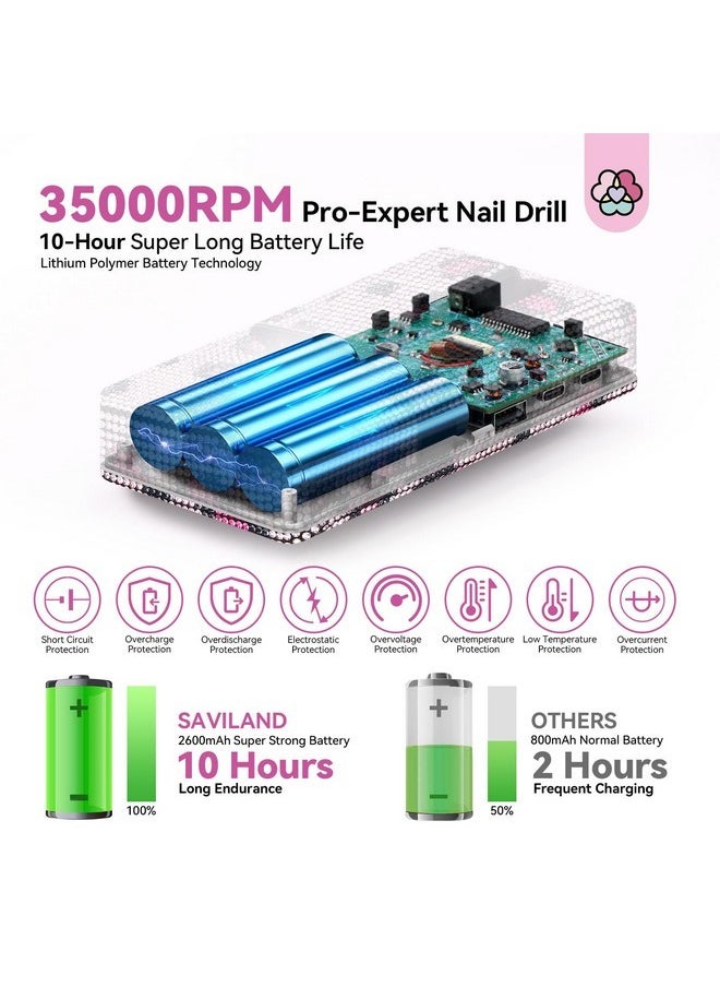 Professional Nail Drill For Nails Tech: Charming Pink Leopard Print 35000Rpm Electric Acrylic Nail Drill Kit With 13 Drill Bits Rechargeable E-File Machine Expert Manicure Pedicure Salon Use