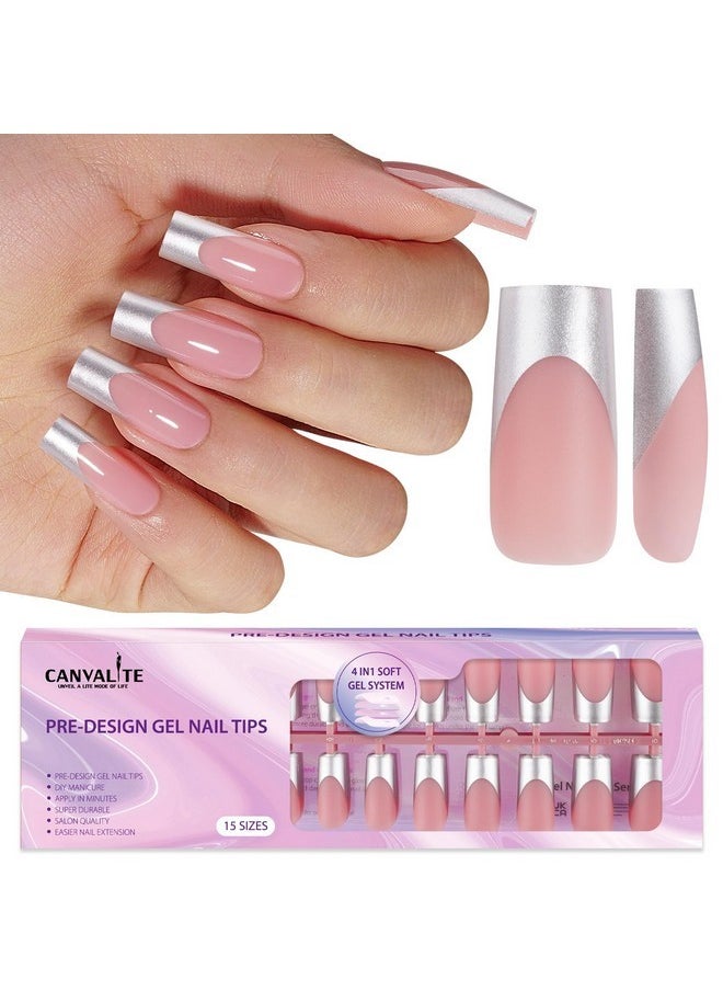 Chrome French Tip Press On Nails - Pre-Colored Quick And Easy Press On Nails Long Square Fake Nails With Designs Diy Gel Nail Tips 150Pcs, Silver