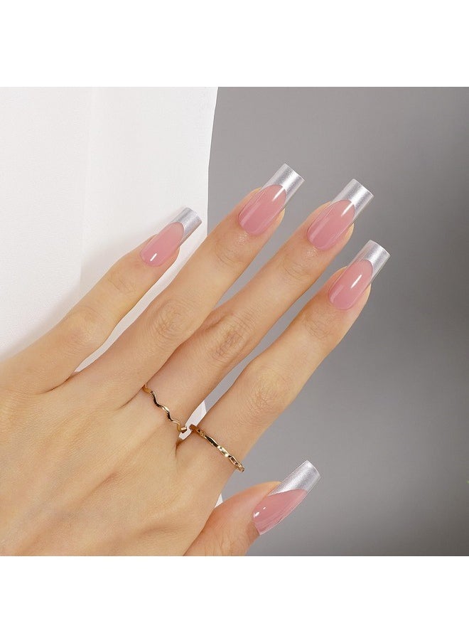 Chrome French Tip Press On Nails - Pre-Colored Quick And Easy Press On Nails Long Square Fake Nails With Designs Diy Gel Nail Tips 150Pcs, Silver