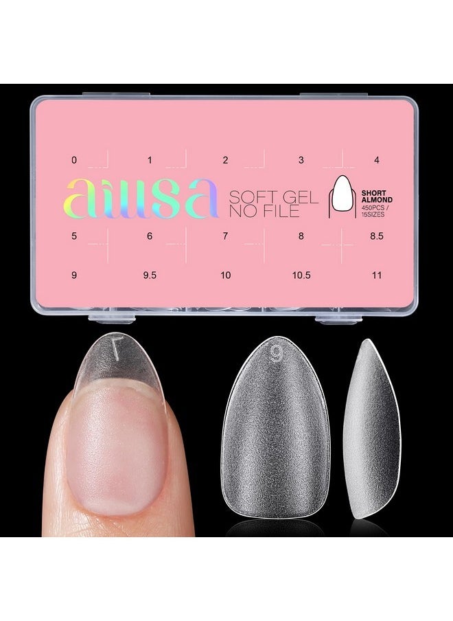 Short Almond Nail Tips 450Pcs Soft Gel Double-Sided Matte Nail Tips Clear Pre-Buff Gel Nail Tips No Need Base Coat Press On Nail Tips For Nail Tips Extension 15 Sizes