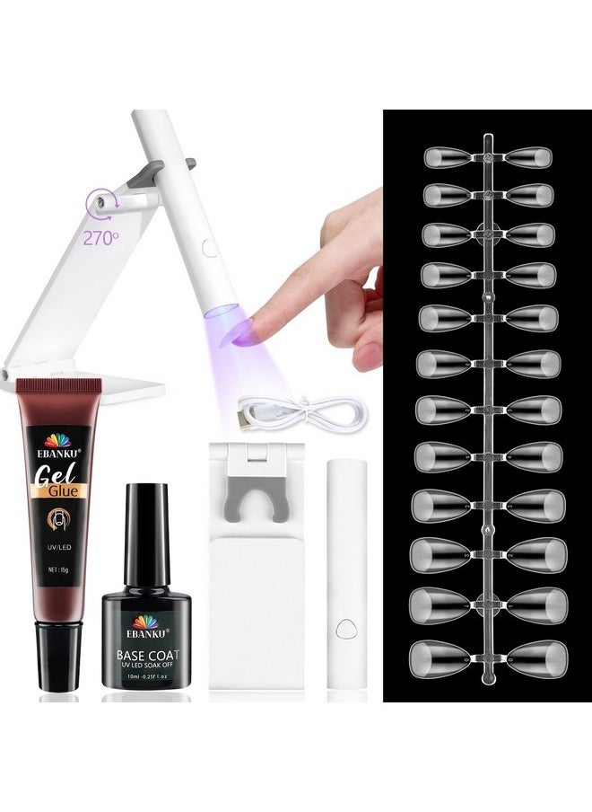 Soft Gel Nail Tips And Solid Gel Glue Kit With Handheld Flash Cure Uv Led Nail Lamp, 120Pcs Short Almond Nail Tips Kit With 3 In 1 Nail Glue&Base Coat For Starters Home Salon