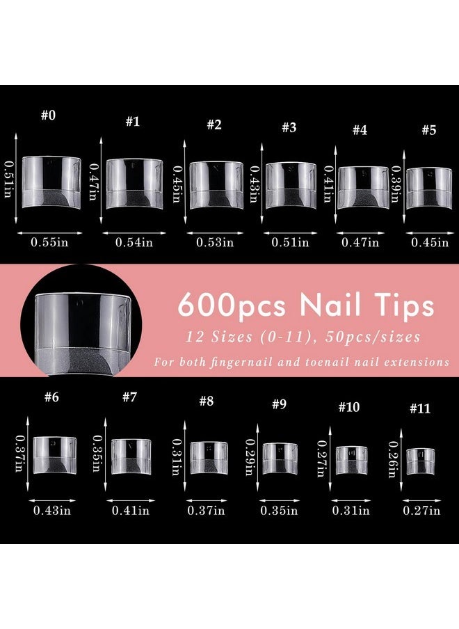 Toe Nail Tips, 600Pcs Soft Gel X Nail Tips Toenails Clear Fake Nails Square Acrylic False Nail Tips 12 Sizes For Toe Nails Extension