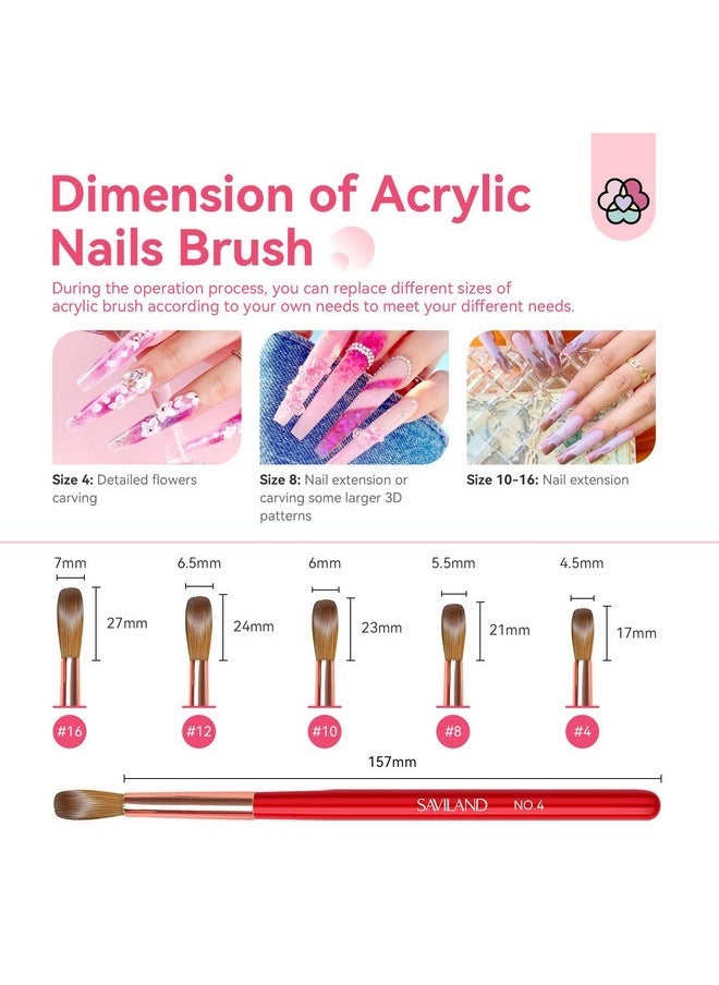 5Pcs Kolinsky Acrylic Nail Brush Set: Size 4# 8# 10# 12# 16# Acrylic Nail Brushes For Acrylic Application, Professional Acrylic Brushes For Nails Set Nail Extension & 3D Carving Manicure Diy