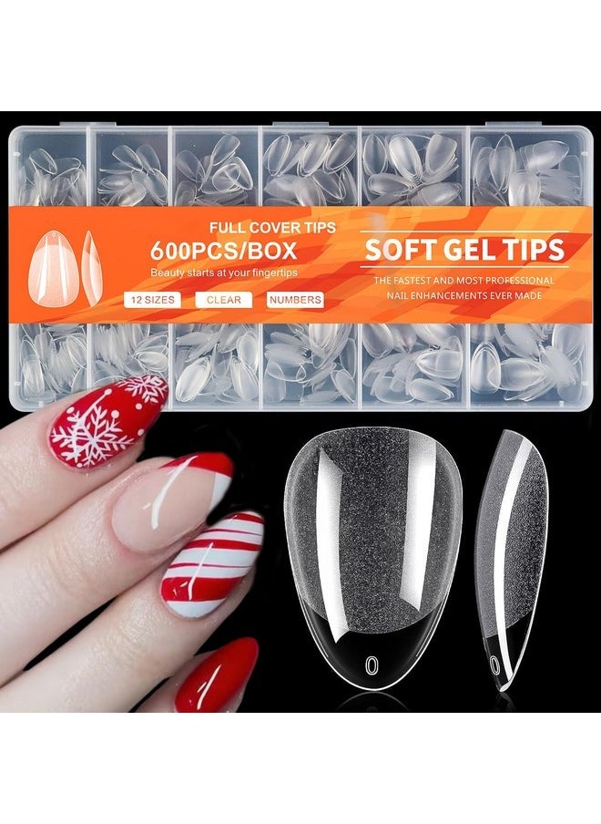 600Pcs Short Almond Nail Tips, Soft Gel X Nail Tips Almond Short Clear Fake Nails Full Cover Acrylic Nail Tips For Extension Nail Manicure Salon Home Diy