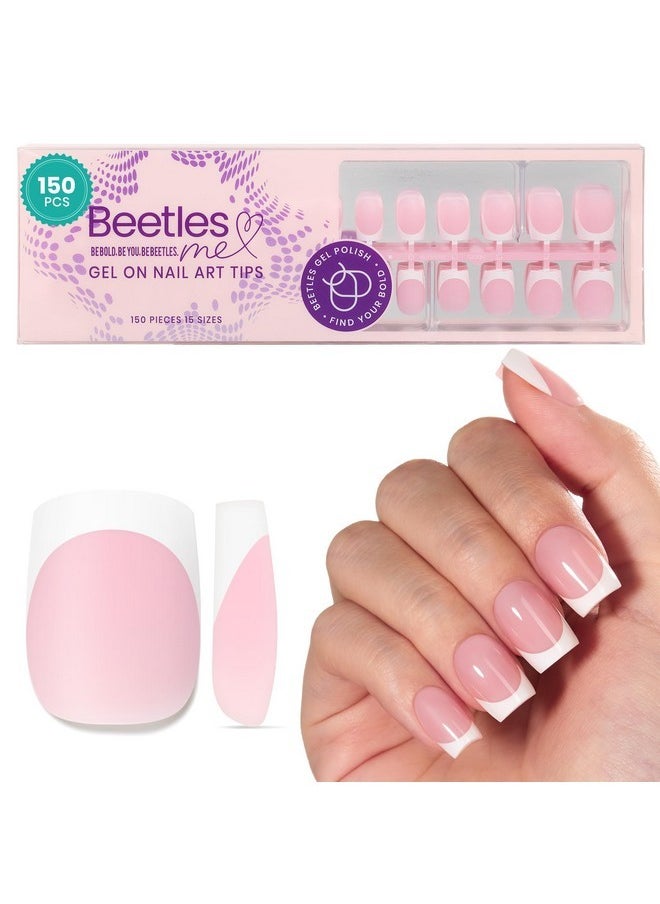 Beetles French Tip Press On Nails: 150 Pcs Pink Short Square Press On Nails 4 In 1 Nail Tips Gel Nail, Pre-Applied Primer And Base Coat, No File Need Diy Manicure For Nail Extension Designs And Gift