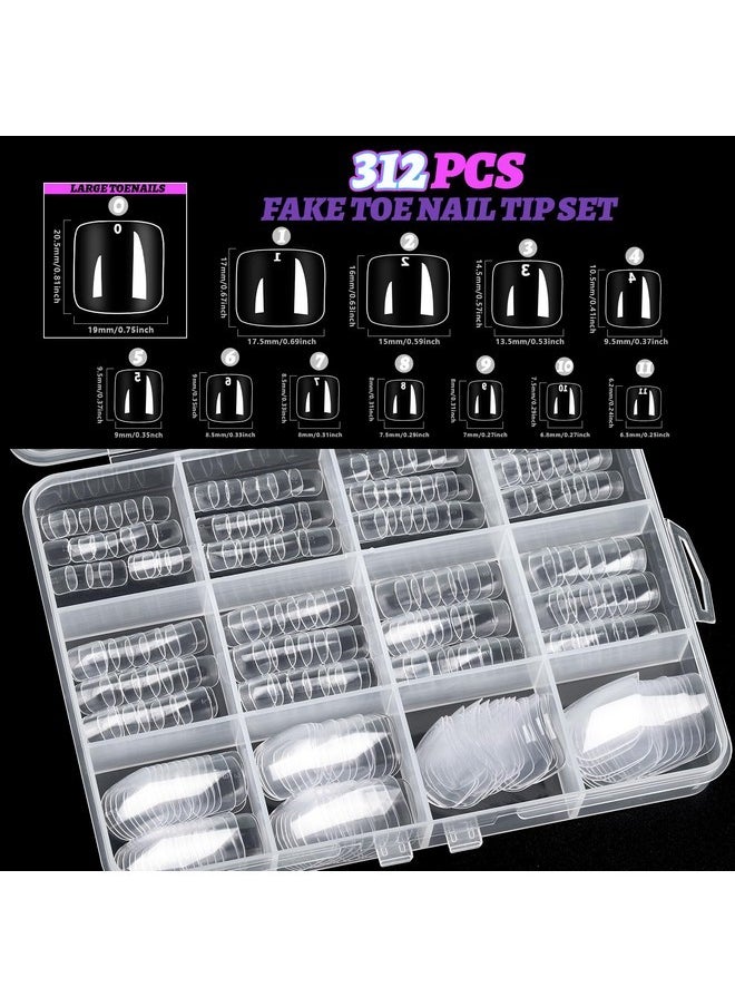 312Pcs Clear Toe Nails Press On With Glitter Kit, Acrylic Toe Nail Tips Kit With Nail Glue, Press On Toenails For Women Fake Toe Nails Glue On