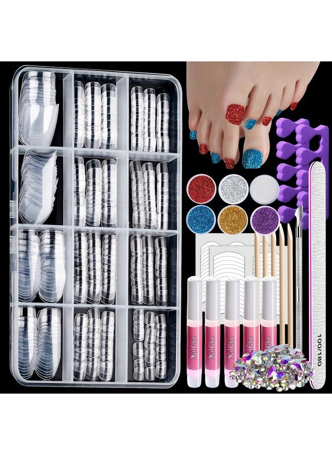 312Pcs Clear Toe Nails Press On With Glitter Kit, Acrylic Toe Nail Tips Kit With Nail Glue, Press On Toenails For Women Fake Toe Nails Glue On