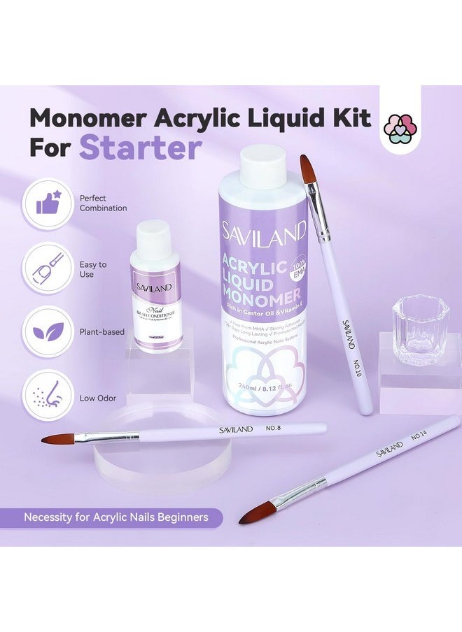 Acrylic Liquid Monomer With Brush Cleaner: 8.16 Fl.Oz Pure Ema Monomer Acrylic Nail Liquid With 3Pcs Acrylic Nail Brushes Versatile Dappen Dish For Starter Nail Extension Home Nail Salon