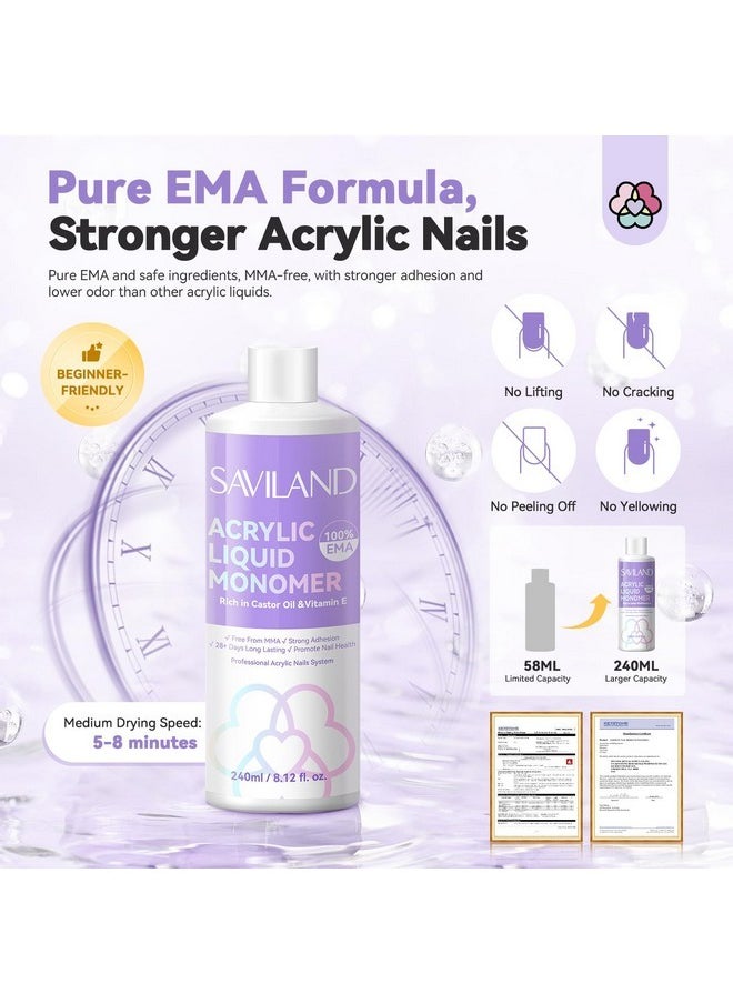 Acrylic Liquid Monomer With Brush Cleaner: 8.16 Fl.Oz Pure Ema Monomer Acrylic Nail Liquid With 3Pcs Acrylic Nail Brushes Versatile Dappen Dish For Starter Nail Extension Home Nail Salon