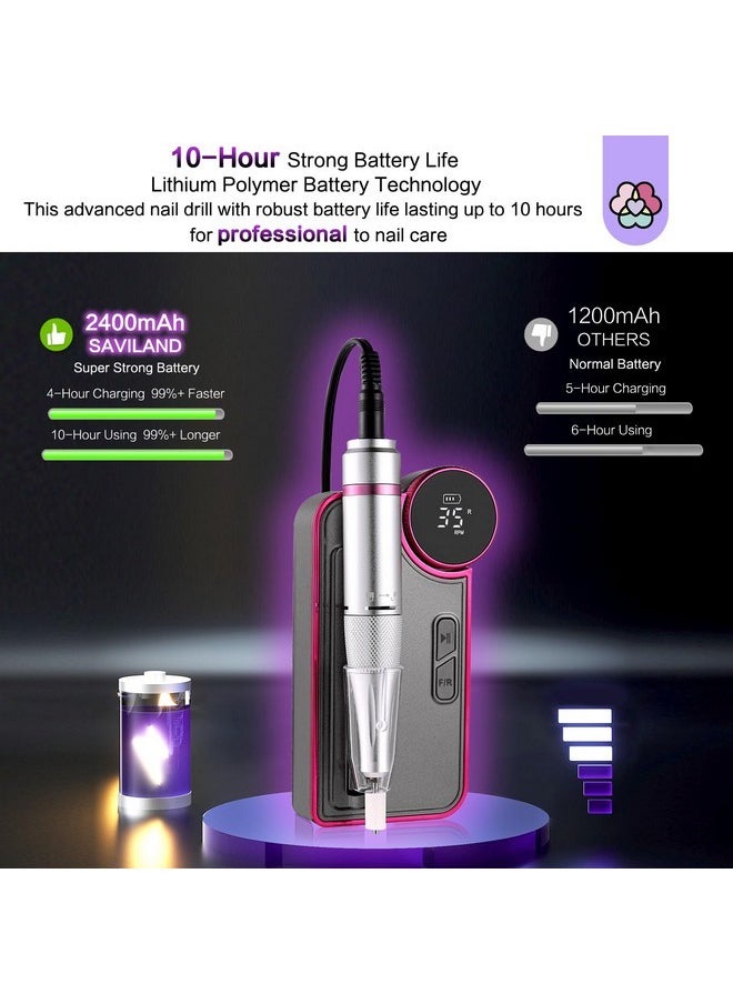 Portable Electric Nail Drill: 35000Rpm Nail Drill 10 Hours Efile Portable Rechargeable Nail Machine 13 Drill Bits Ceramic Drill Bit Grey Purple Nail File Home Use Manicure Pedicure