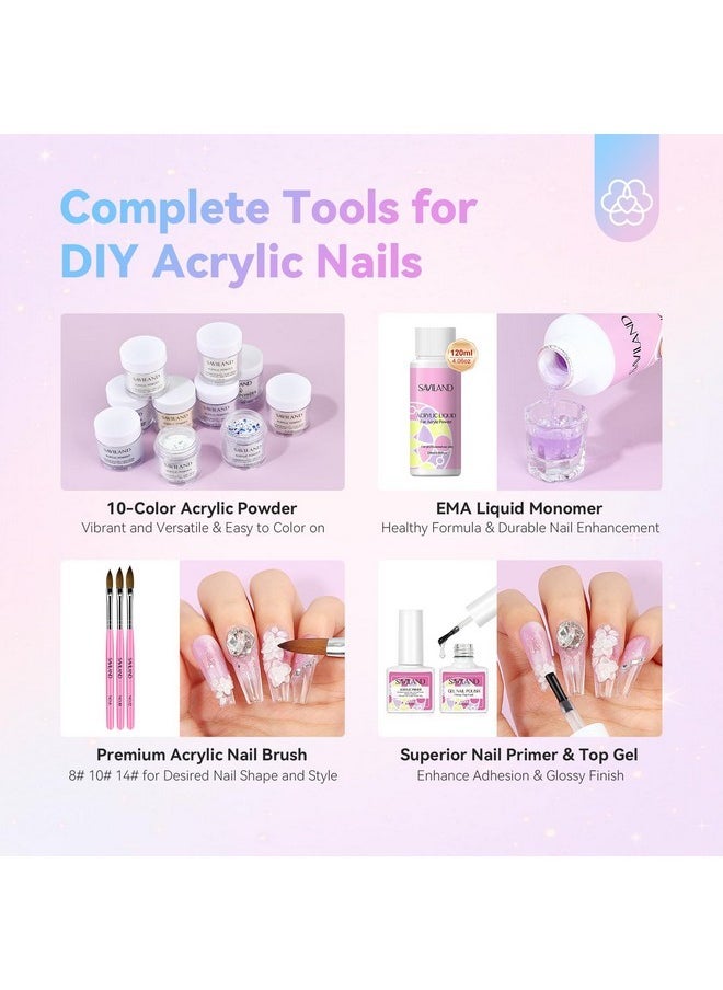 Acrylic Nail Kit With Everything: 10 Colors Acrylic Powder Clear Liquid Monomer 48W Nail Lamp 20000Rpm Nail Drill Complete Tools Home Manicurist Nail Extensions