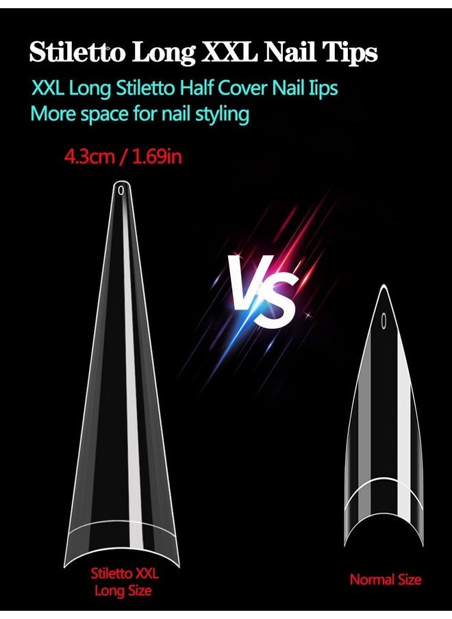 500Pcs Xxl Stiletto Nail Tips, Clear Half Cover Stiletto Nail Tips For Acrylic Nails, 10 Sizes False Nail Tips For Nail Extension With Box