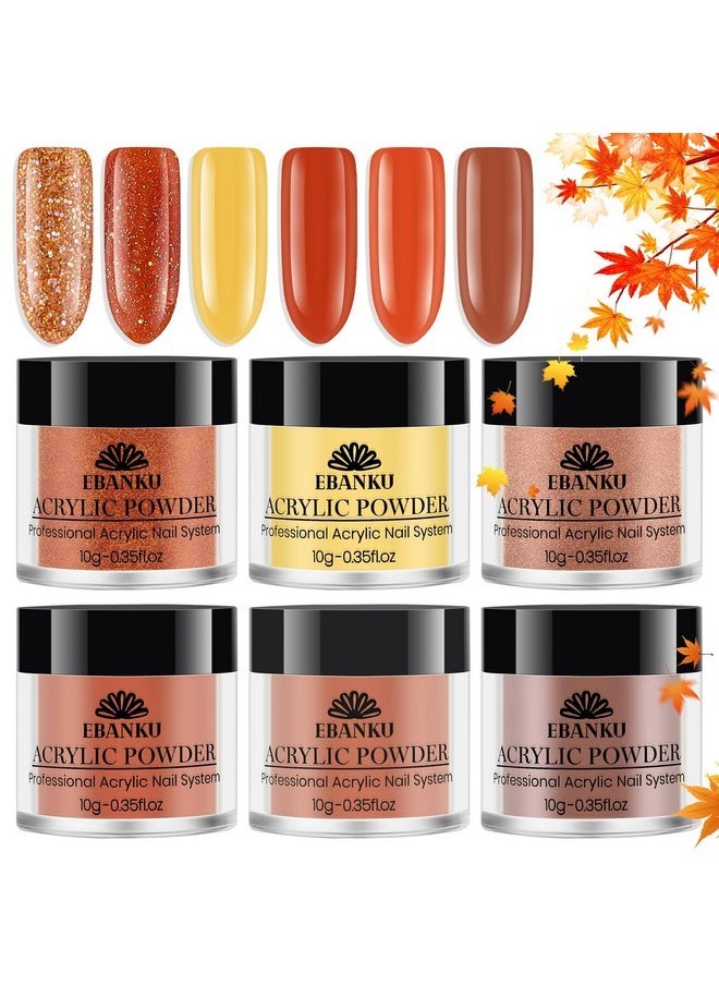 Acrylic Powder, 6 Colors Thanksgiving Acrylic Nail Powder Brown Yellow Orange Glitter Acrylic Powder Fall Autumn Nail Powder For Nail Extension 3D Nail Carving, No Nail Lamp Needed, 0.35 Oz