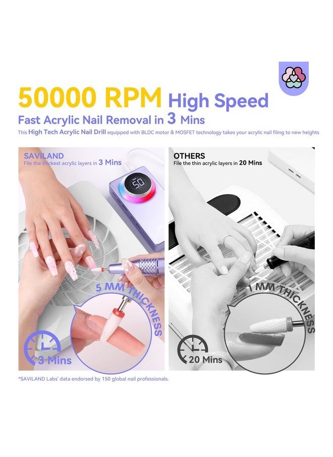 50000Rpm Nail Drill For Acrylic: 2024 Pro High Tech Fast Removal Electric Nails Drill Kit 6000Mah Rechargeable Machine Professional Drill Bit Nail File Buffer Tools Salon Manicure Pedicure