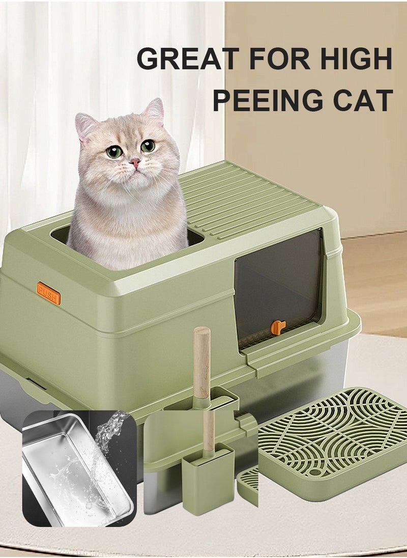 Enclosed Stainless Steel Cat Litter Box with Lid Metal Litter Pan Tray with High Wall Sides
