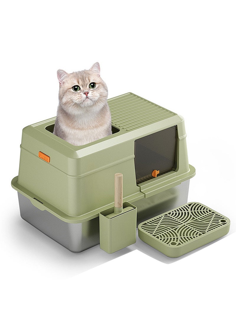 Enclosed Stainless Steel Cat Litter Box with Lid Metal Litter Pan Tray with High Wall Sides