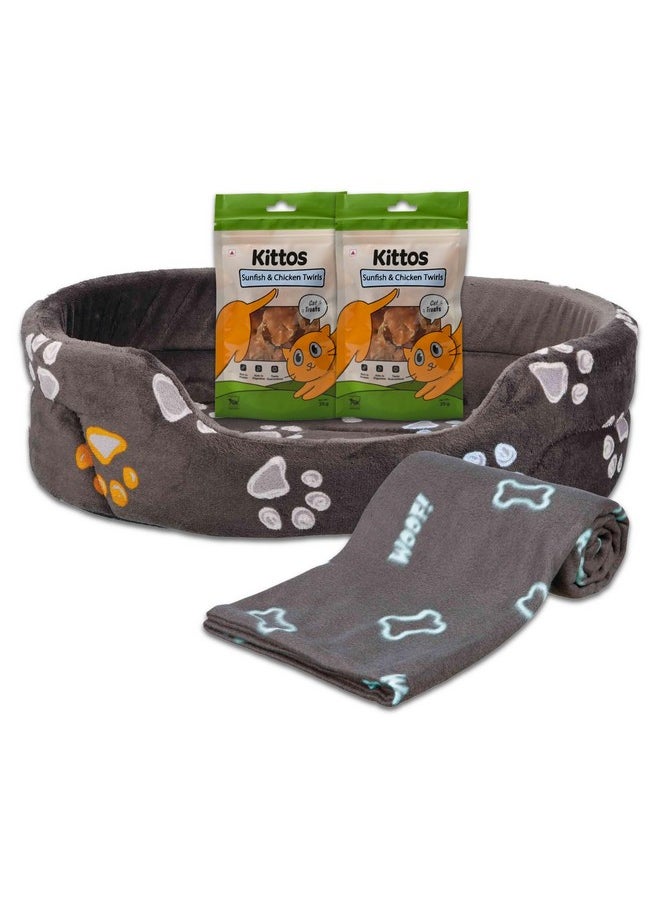 Pet Winter Combo for Cat-Barney Fleece Blanket(150X100cm),Taupe+Jimmy Bed(55x45cm)+Chicken Twirls Cats Treats(Pack of 2)