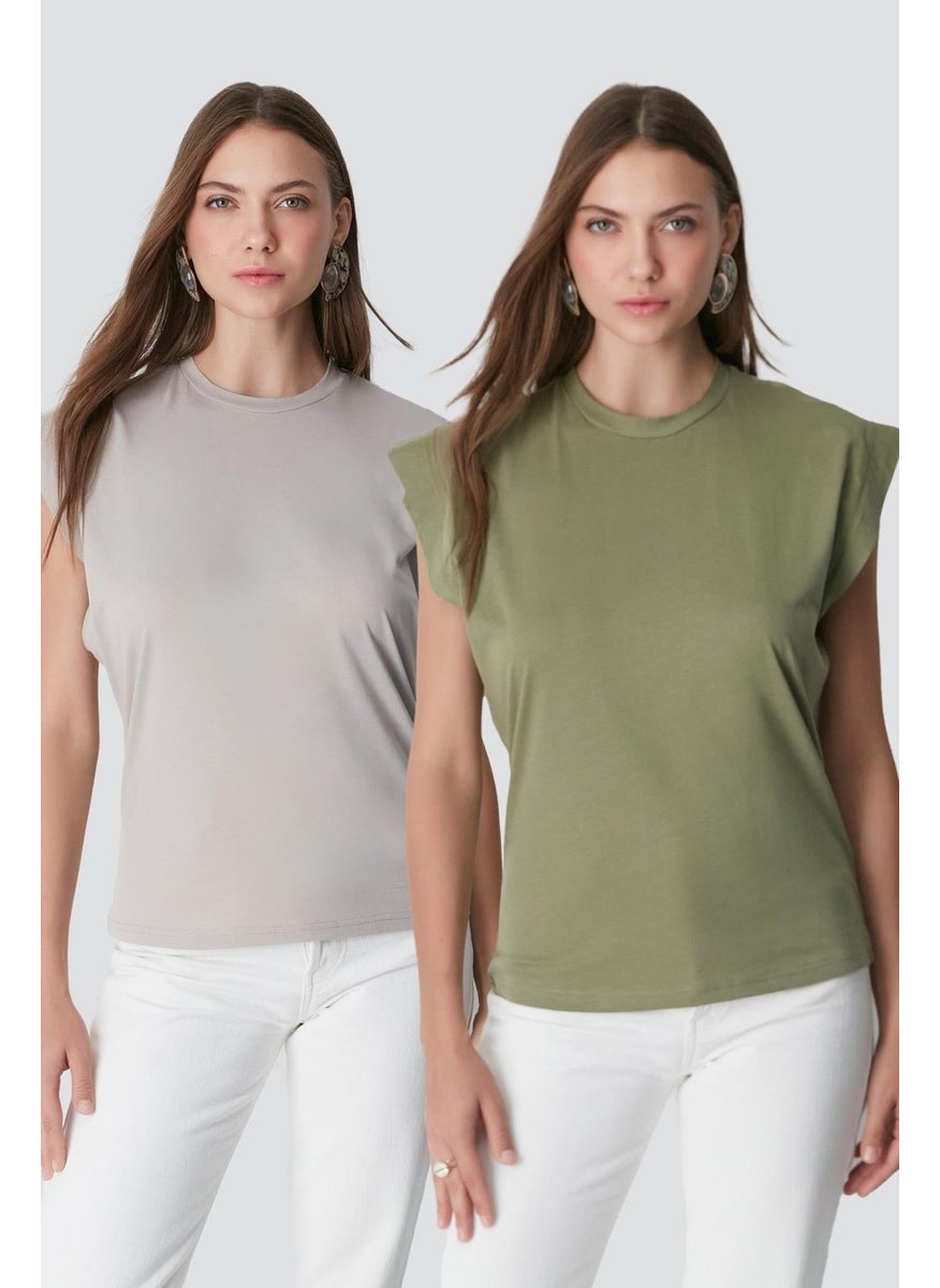 Crew Neck Short Sleeve 2-Piece Basic T-Shirt 958 Khaki/grey