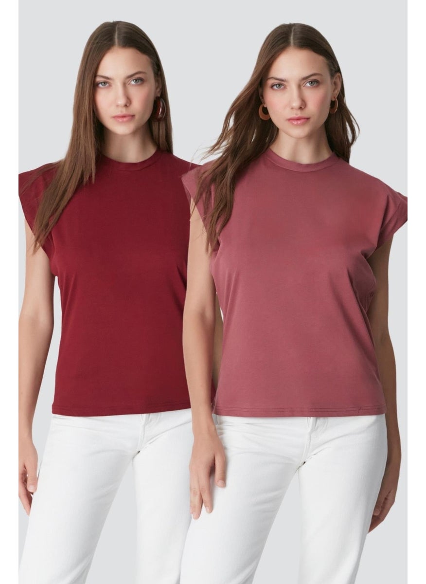 Crew Neck Short Sleeve 2-Piece Basic T-Shirt 958 Dusty Rose/burgundy