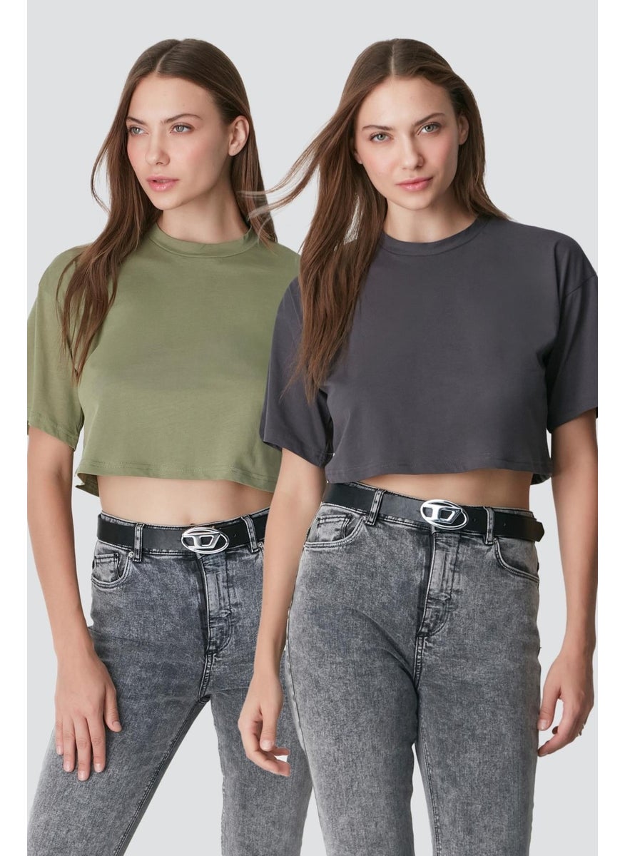 Crew Neck 2-Piece Crop T-Shirt 959 Khaki/Smoke