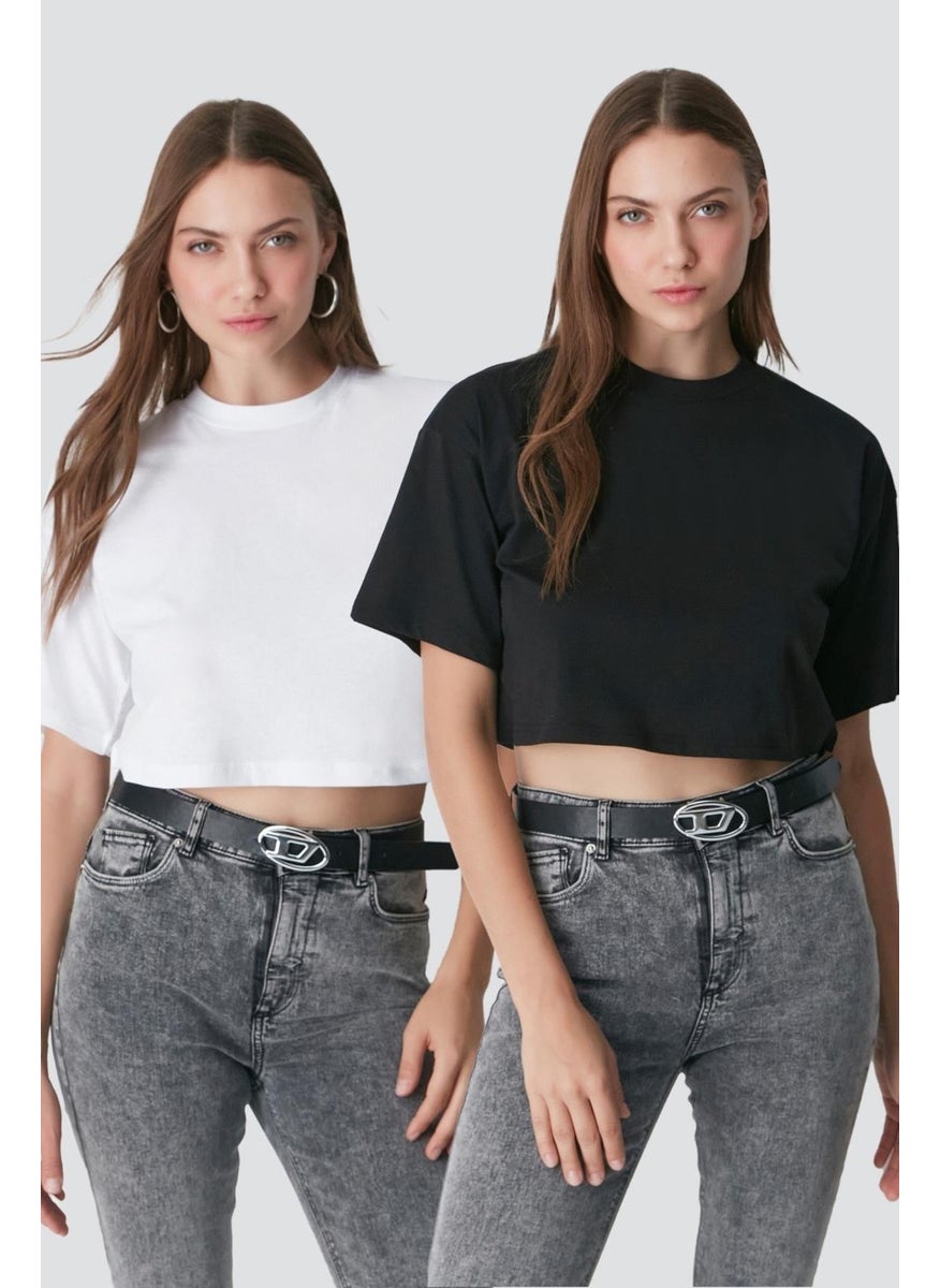 Crew Neck 2-Piece Crop T-Shirt 959 Black/White