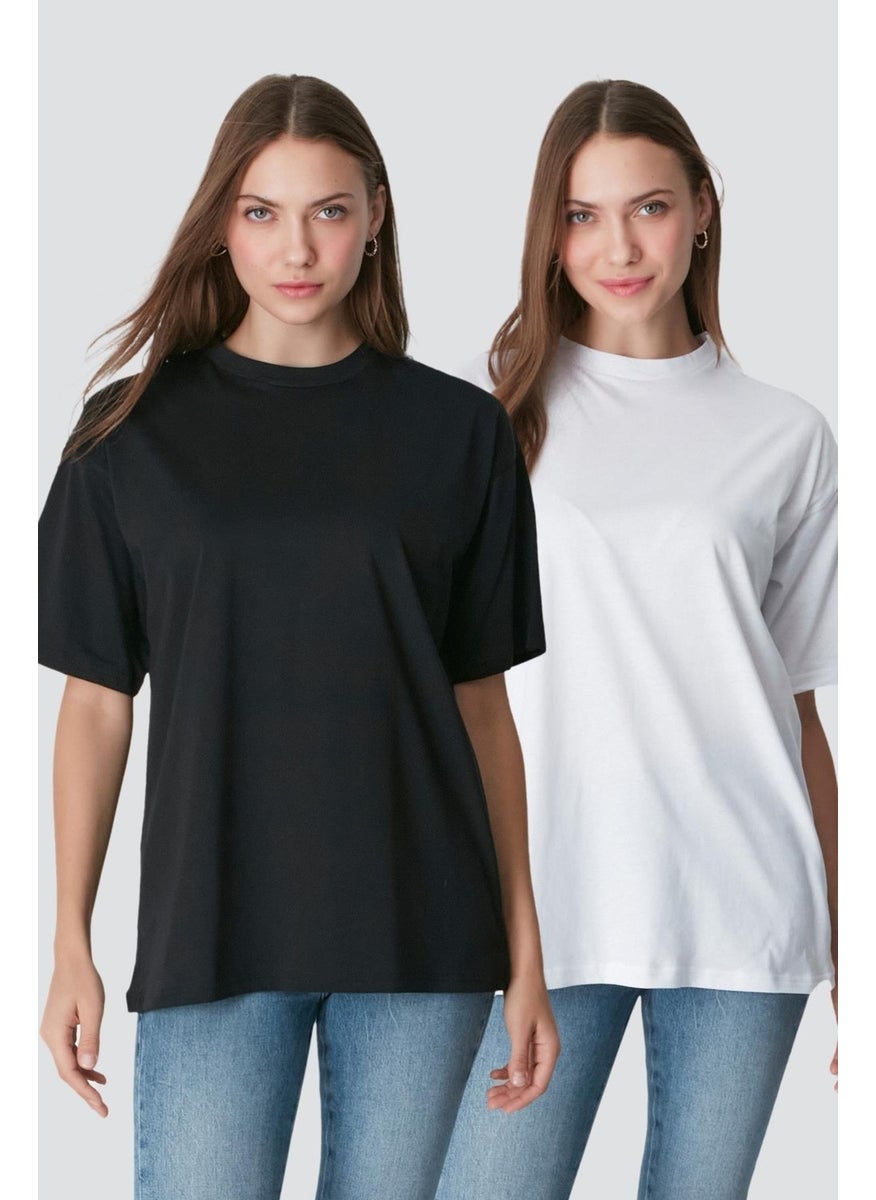 Crew Neck Short Sleeve 2-Piece Casual Basic T-Shirt 961 Black/White