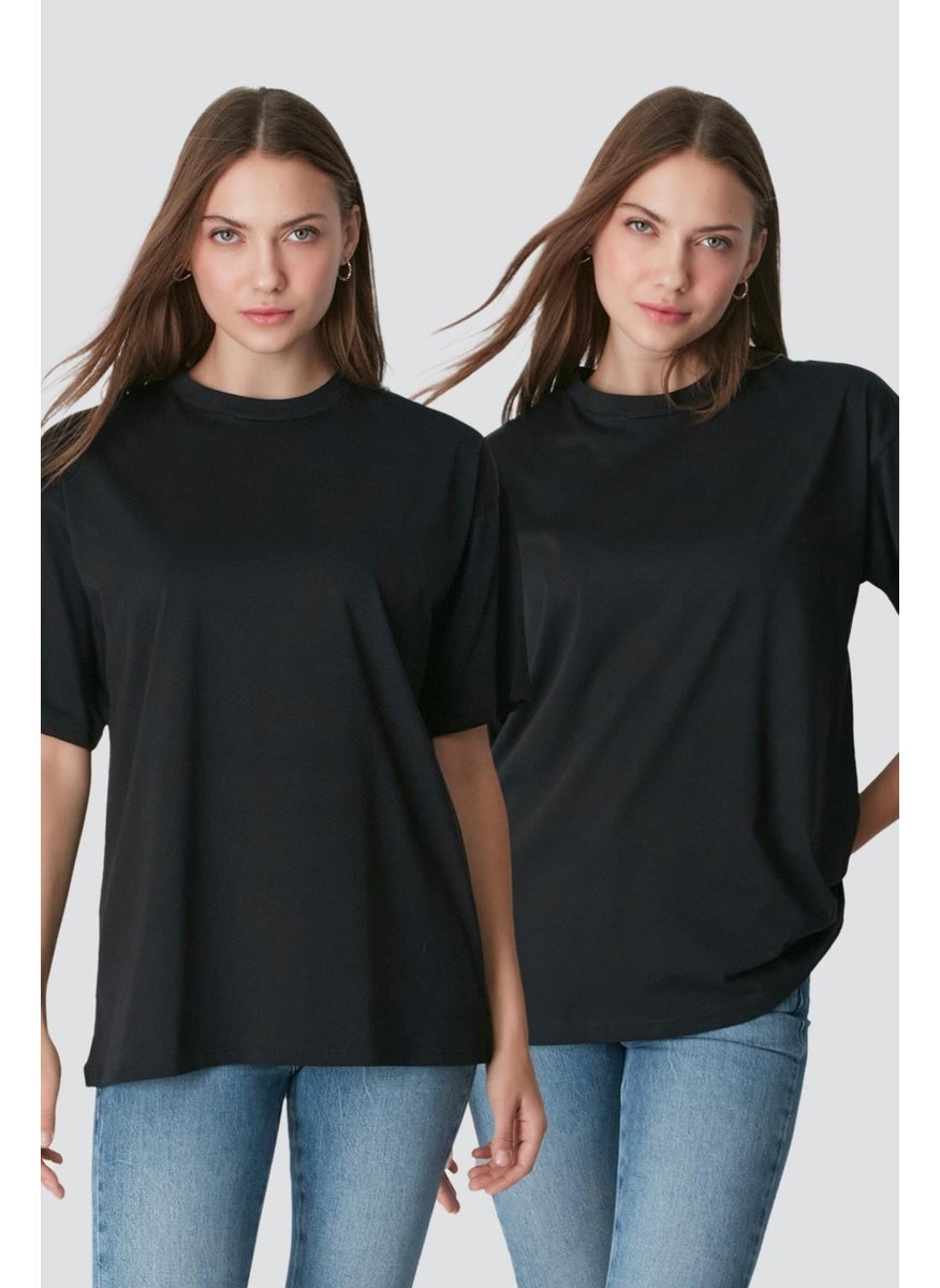 Crew Neck Short Sleeve 2-Piece Casual Basic T-Shirt 961 Black