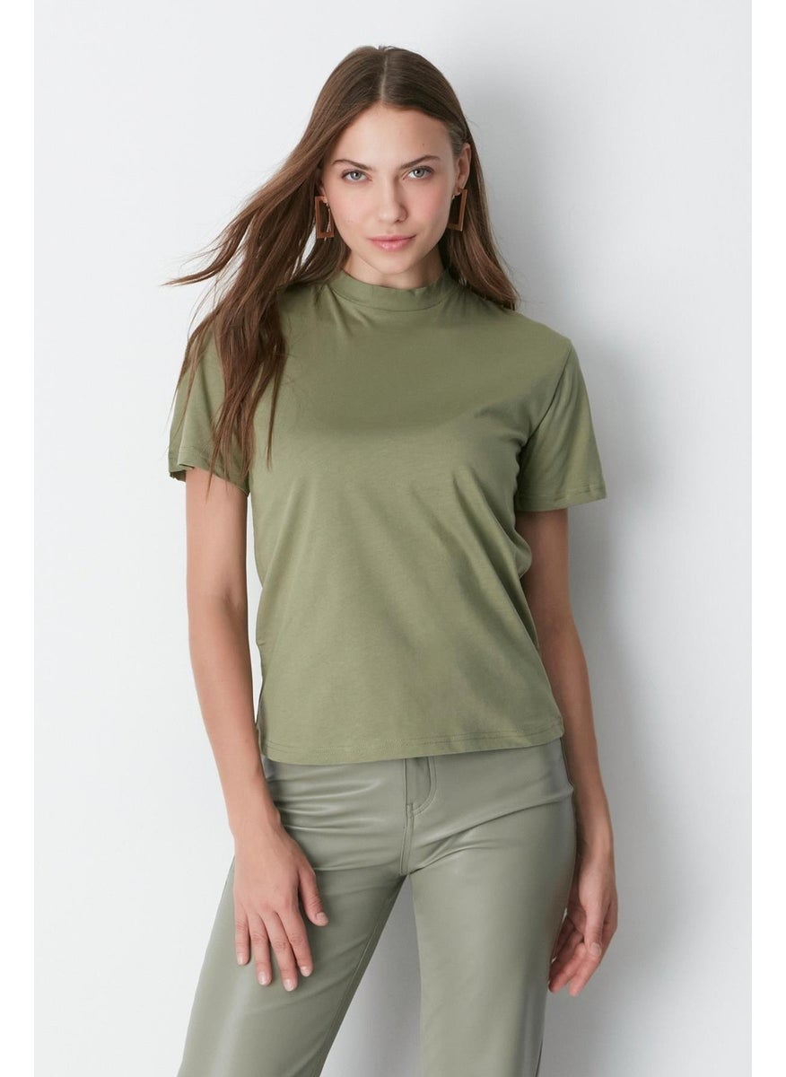 Stand Collar Short Sleeve 2-Piece Basic T-Shirt 957 Khaki/Terra