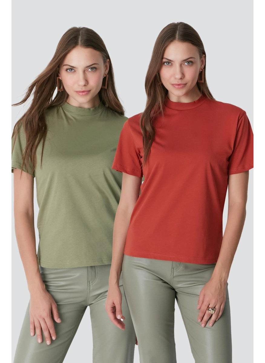 Stand Collar Short Sleeve 2-Piece Basic T-Shirt 957 Khaki/Terra