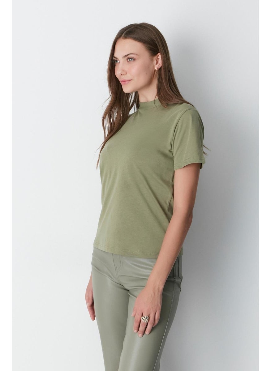 Stand Collar Short Sleeve 2-Piece Basic T-Shirt 957 Khaki/Terra