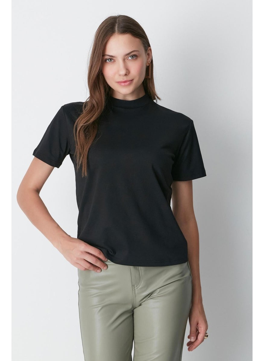 Stand Collar Short Sleeve 2-Piece Basic T-Shirt 957 Black