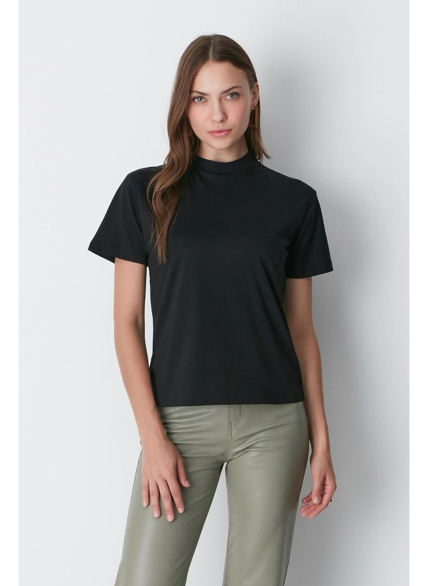 Stand Collar Short Sleeve 2-Piece Basic T-Shirt 957 Black