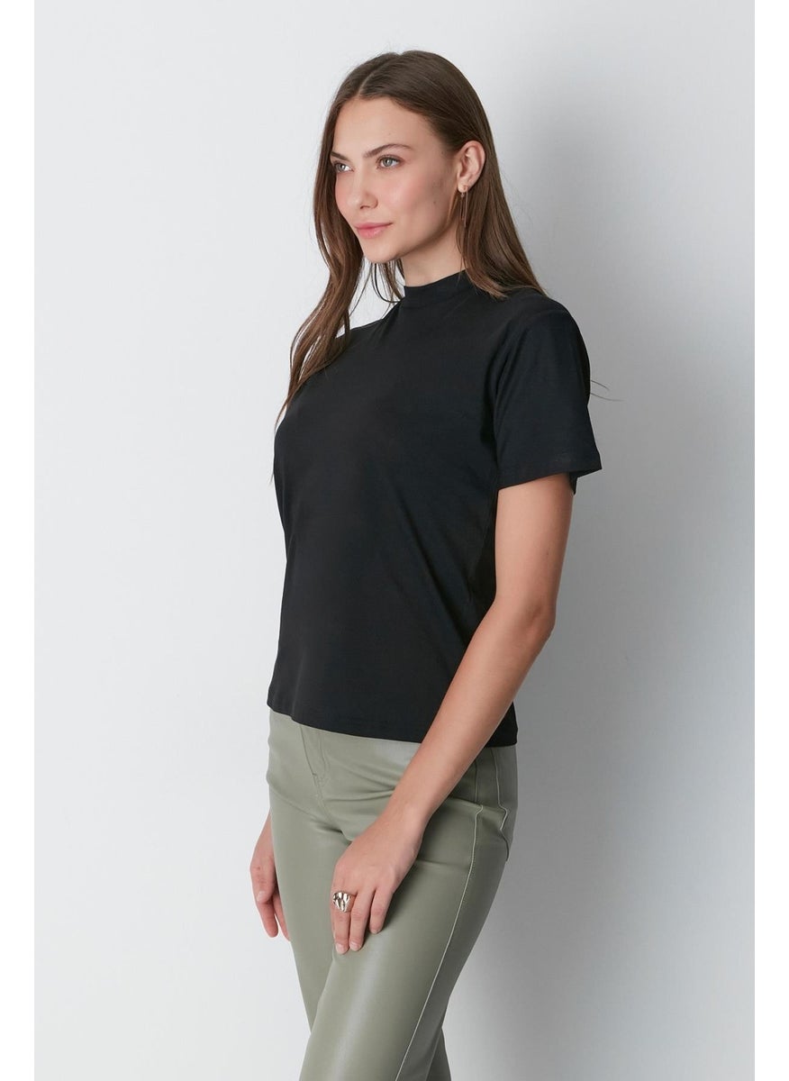 Stand Collar Short Sleeve 2-Piece Basic T-Shirt 957 Black