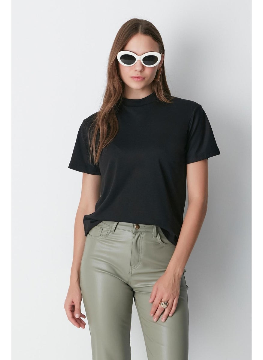 Stand Collar Short Sleeve 2-Piece Basic T-Shirt 957 Black