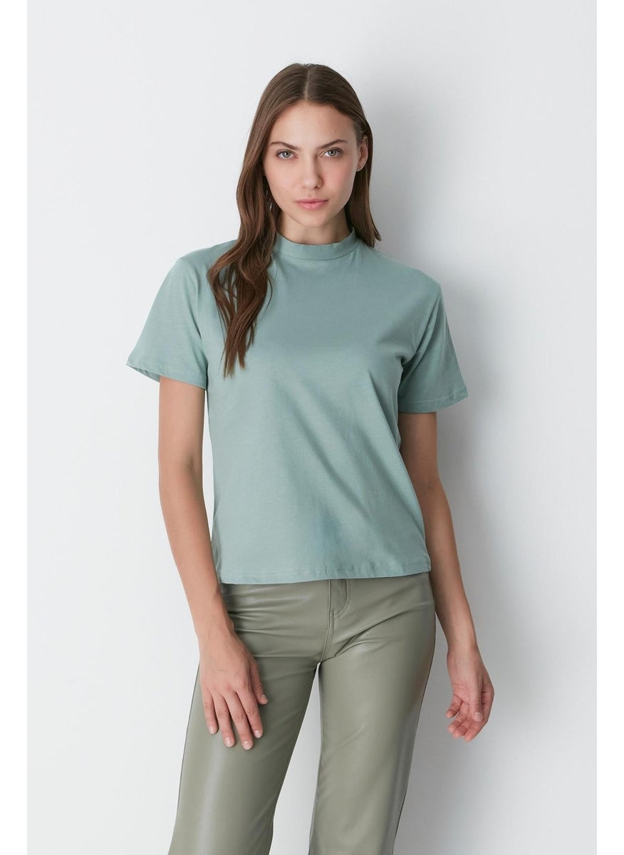 Stand-up Collar Short Sleeve 2-Piece Basic T-Shirt 957 Çağla/fume