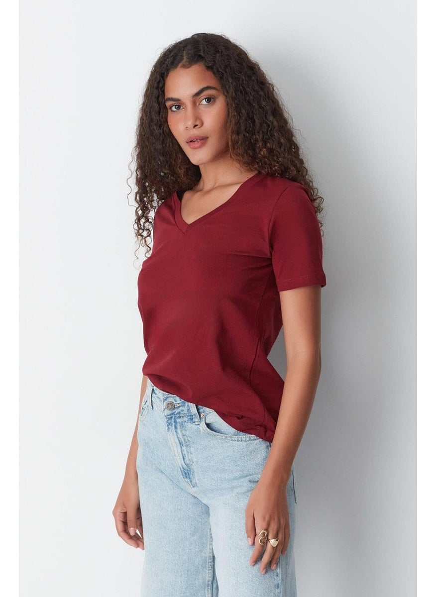 V Neck Short Sleeve 2-Piece Basic T-Shirt 962 Smoke/maroon