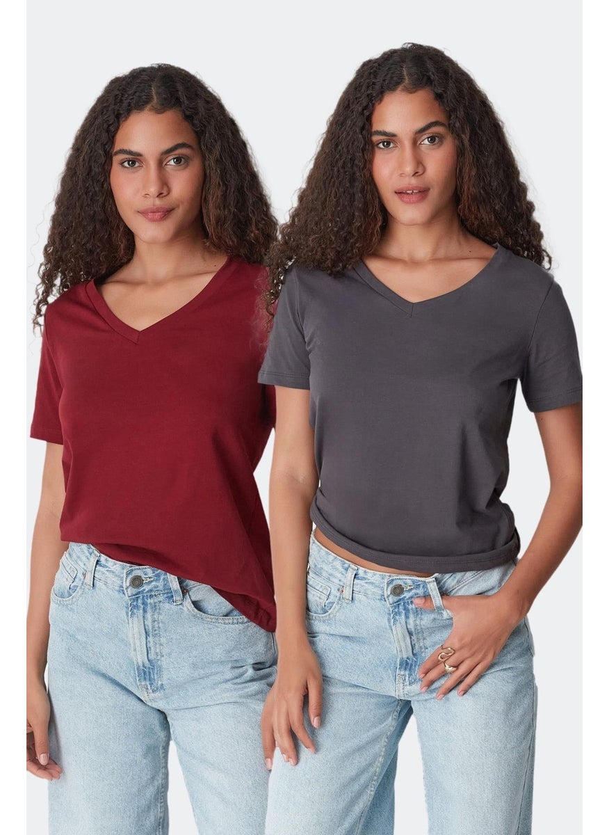 V Neck Short Sleeve 2-Piece Basic T-Shirt 962 Smoke/maroon