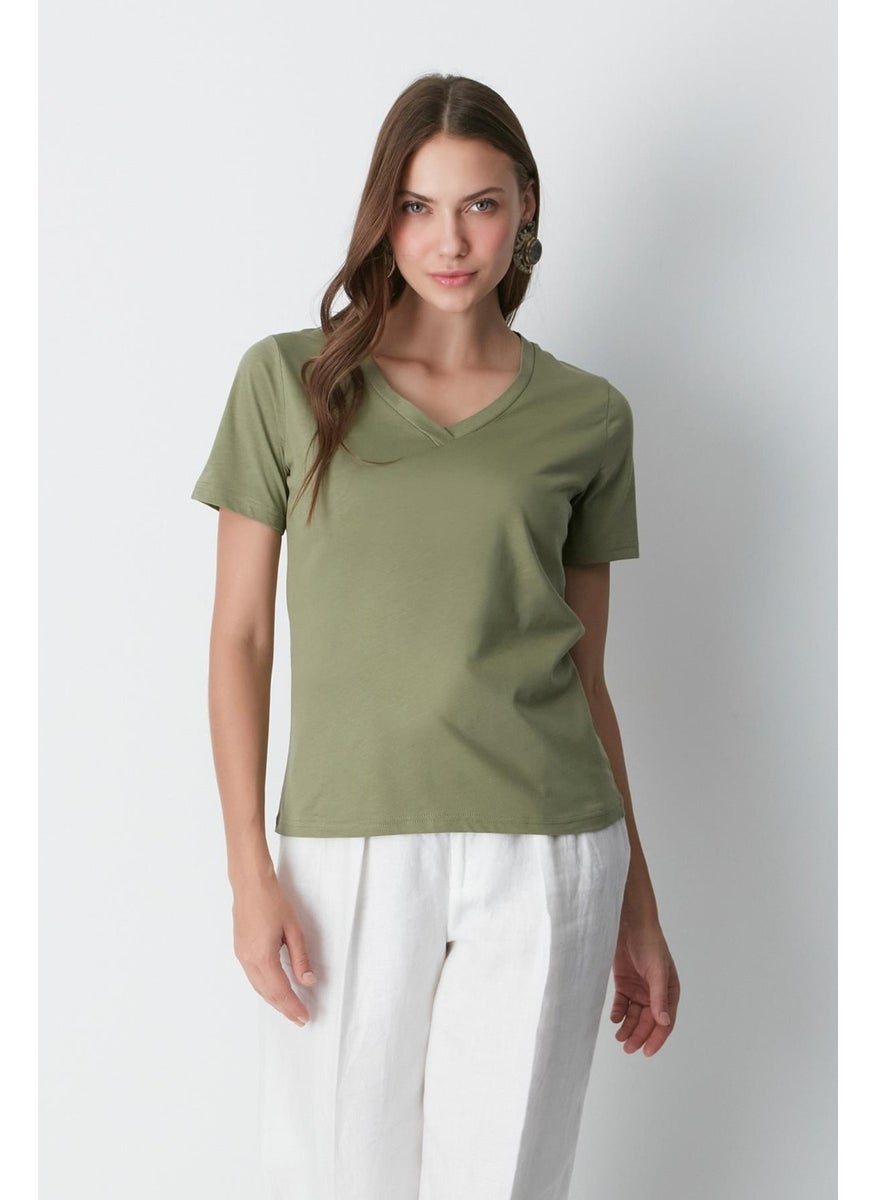 V Neck Short Sleeve 2-Piece Basic T-Shirt 962 Khaki/beige