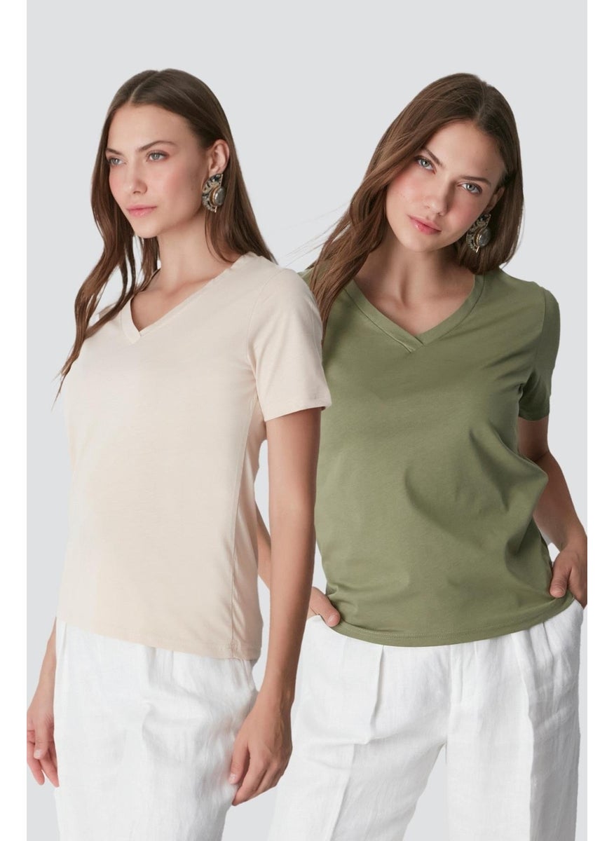 V Neck Short Sleeve 2-Piece Basic T-Shirt 962 Khaki/beige