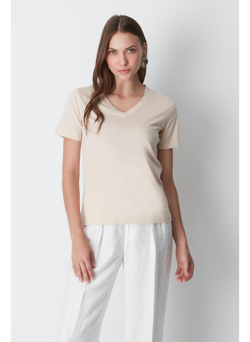 V Neck Short Sleeve 2-Piece Basic T-Shirt 962 Khaki/beige