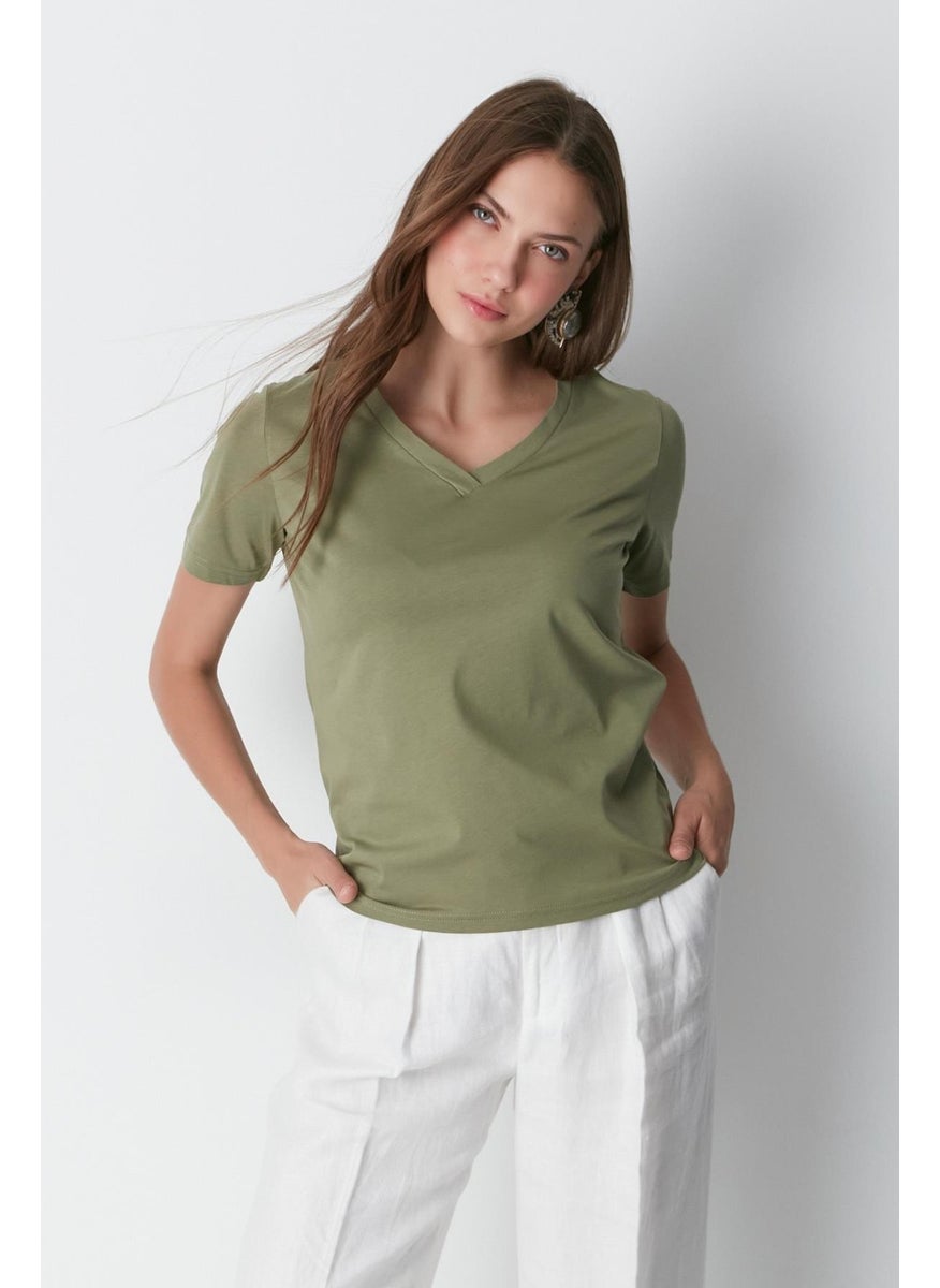 V Neck Short Sleeve 2-Piece Basic T-Shirt 962 Khaki/beige