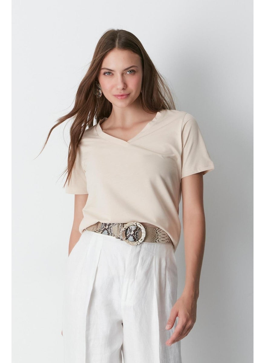 V Neck Short Sleeve 2-Piece Basic T-Shirt 962 Khaki/beige