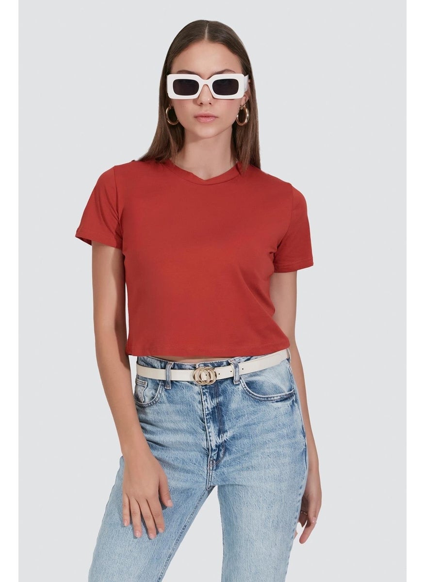 Crew Neck Short Sleeve 2-Piece Crop T-Shirt 956 Brick/Indigo