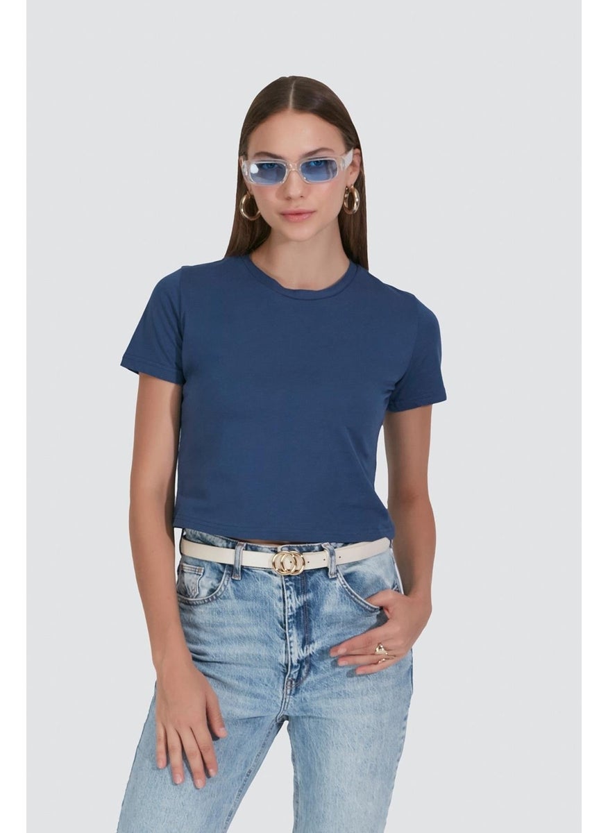 Crew Neck Short Sleeve 2-Piece Crop T-Shirt 956 Brick/Indigo