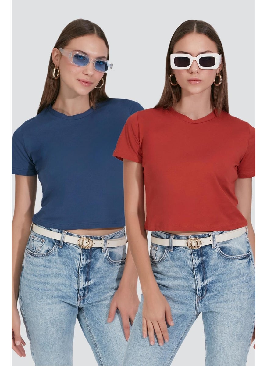 Crew Neck Short Sleeve 2-Piece Crop T-Shirt 956 Brick/Indigo